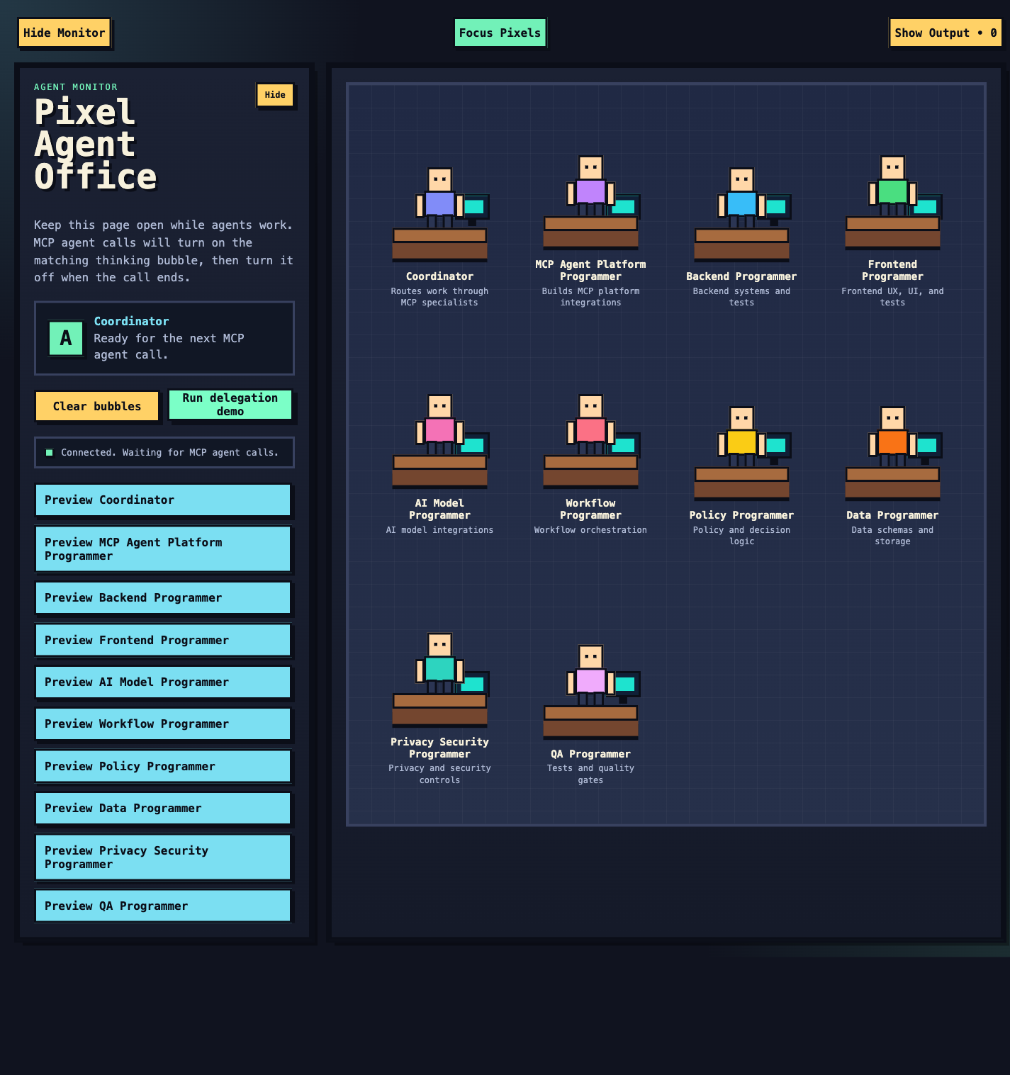 Pixel Agent Office showing the coordinator and nine specialist agents at individual desks